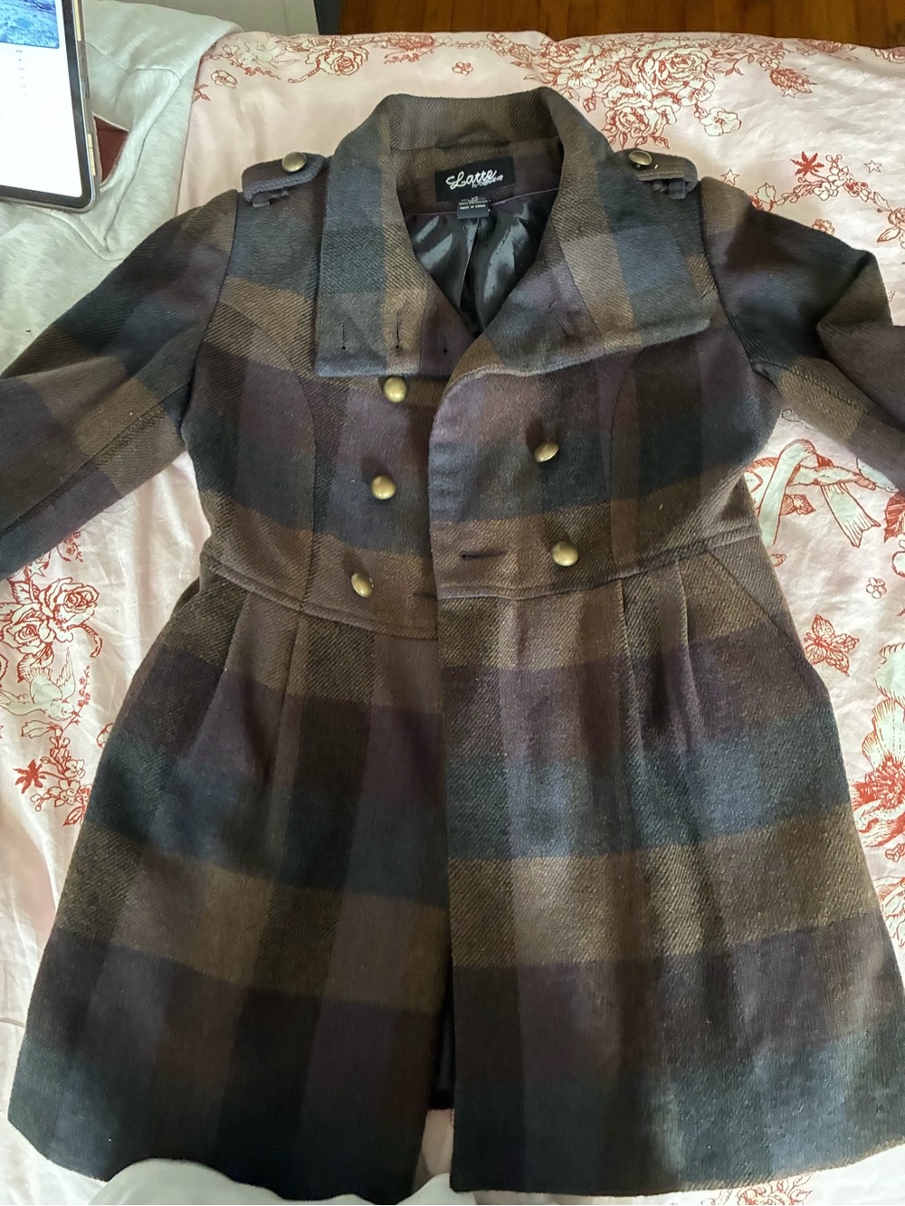 CoffeeShop Plaid Double-Breasted Pea Coat in Brown and Black